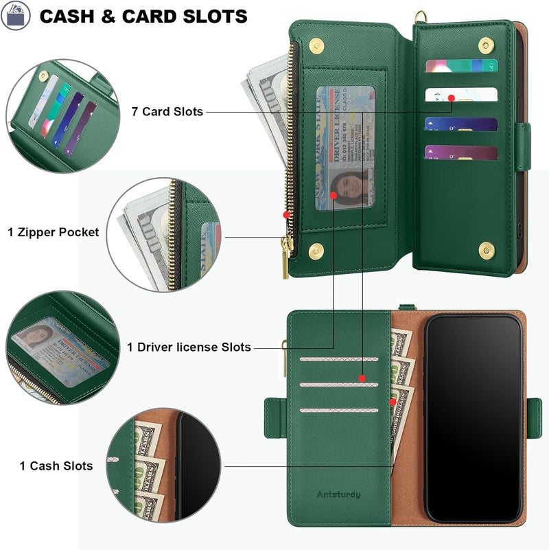 Antsturdy Compatible with iPhone 16 Pro Max Wallet Case,RFID Blocking PU Leather Phone Case Women Men Kickstand flip Cover Wrist Strap Zipper Credit Card Holder Slots for Apple 16 ProMax,Green - Image 5